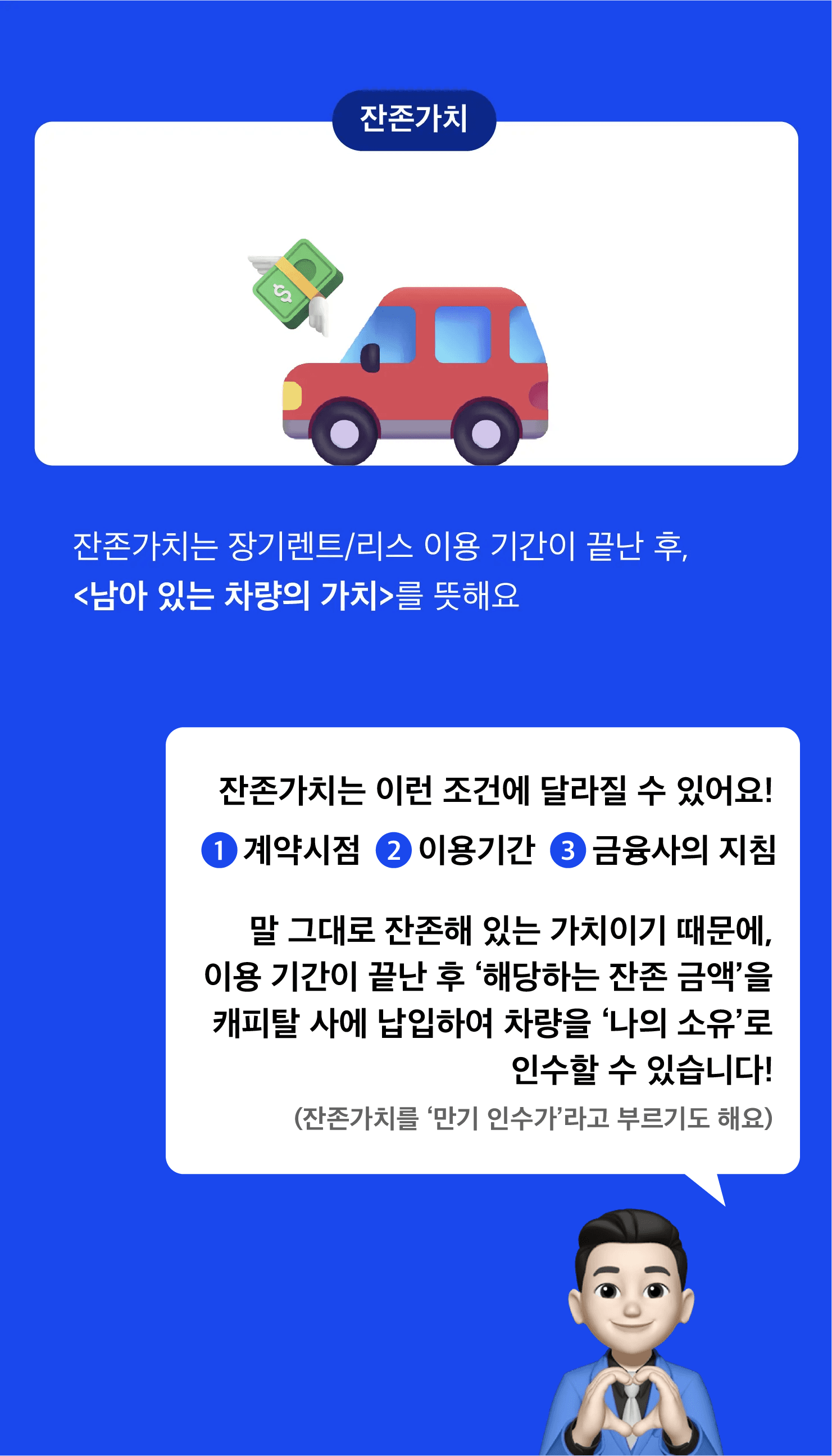 잔존가치란 장기렌트 또는 리스 계약 종료 후 차량에 남아 있는 가치로, 계약 시점, 이용기간, 금융사 기준에 따라 달라질 수 있다는 설명 이미지